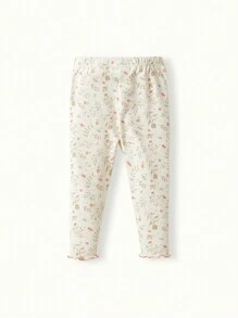 Cozy Pixies 女婴花朵图案圆领荷叶边上衣和长裤套装 - 杏色 - 查看 2
