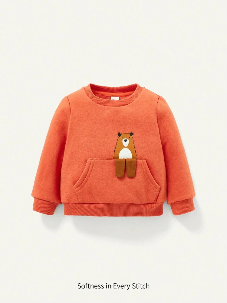 Baby Boy Bear Print 3D Leg Design Kangaroo Pocket Thermal Sweatshirt