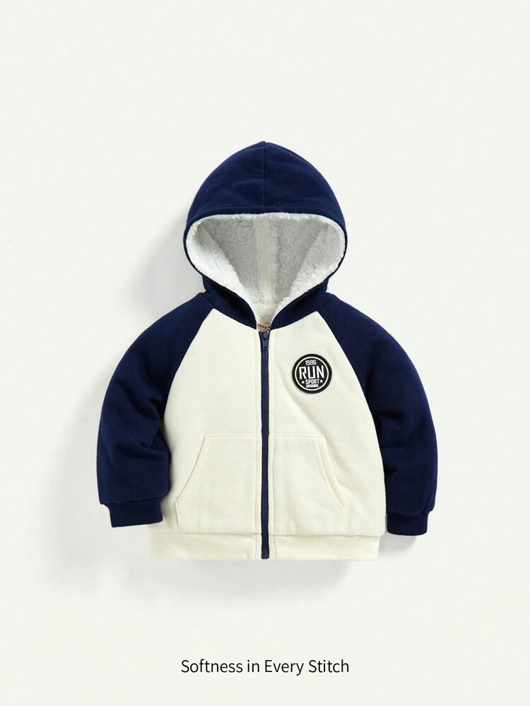 Baby Boy Letter Patched Raglan Sleeve Hooded Thermal Lined Jacket