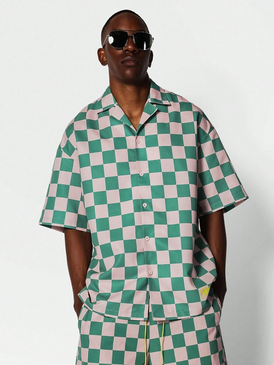 SUMWON Áo sơ mi nylon cổ Revere có hình bàn cờ - Nhiều màu - Xem 1