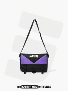 字母圖案手提包帶對比顏色和圓環裝飾,時尚單肩包