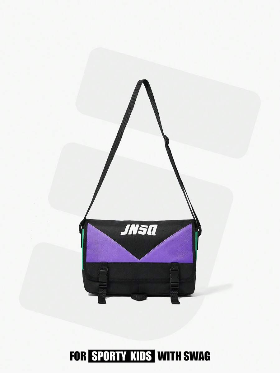 字母圖案手提包帶對比顏色和圓環裝飾,時尚單肩包