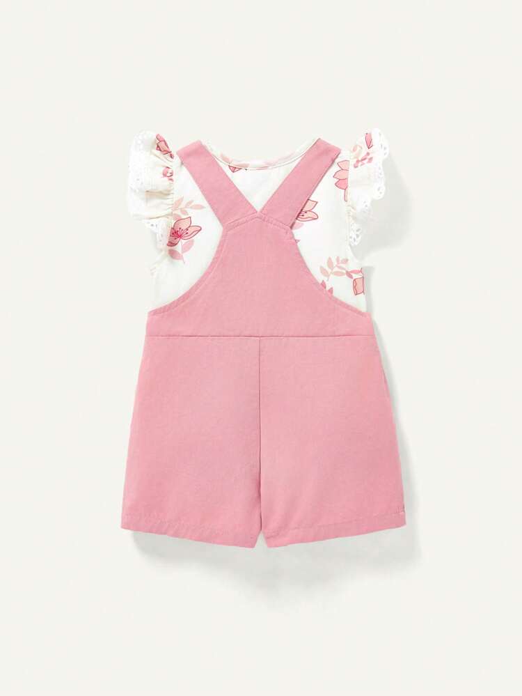 Baby Girl Floral Pattern Ruffled Collar Overalls Top And Shorts Set