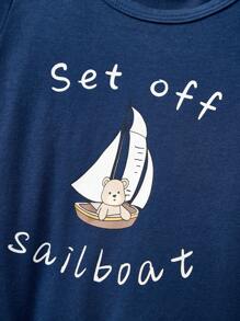 Cozy Pixies Baby Boys' Striped Round Neck Short Sleeve Tee, Cartoon Sailboat Pattern Tee, Solid Color Shorts 4pcs/Set