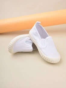 1對白色帆布彈力帶平底懶人鞋，流行時尚，舒適透氣，適合四季穿著