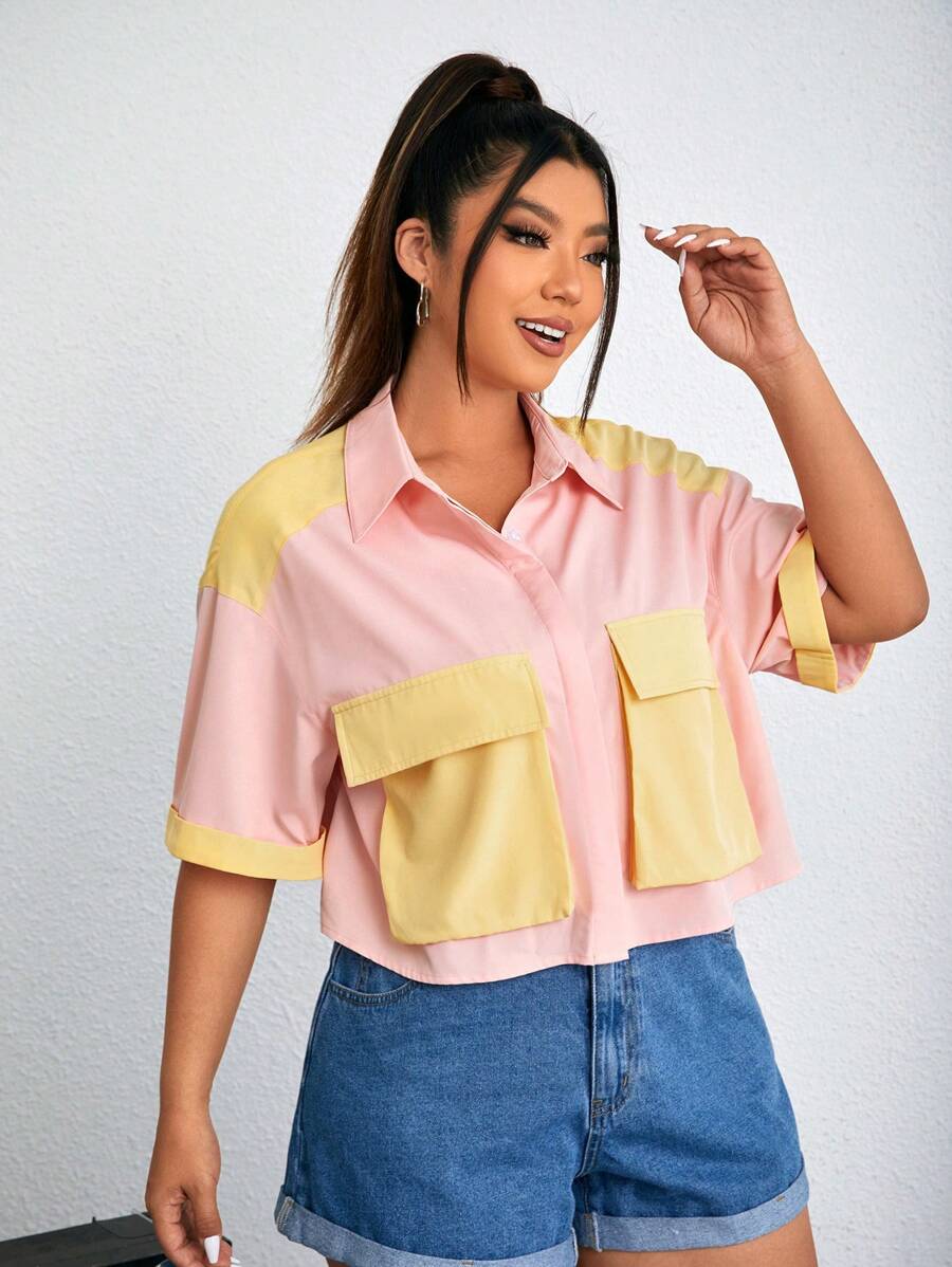 SHINGO Designer Business Casual Plus Color Block Crop Shirt With Flap Pockets, For Summer, Holiday, Vacation, Spring, Beach, Festival, Ibiza Fits, Office