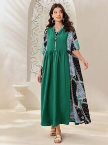 Seusyu 女式拼布花卉印花 V 领蝙蝠袖阿拉伯连衣裙 - 綠色 - 查看 6