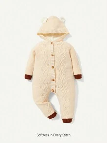 Cozy Pixies Baby Girl Graphic Pattern Contrast Trim Button Up Hooded Thermal Lined Knit Jumpsuit - Apricot - View 1