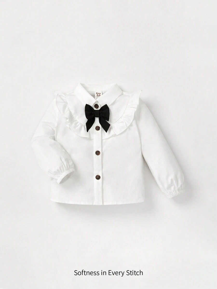 Cozy Pixies Baby Girl Ruffle Trim Bow Front Ruffle Trim Shirt - White - View 1