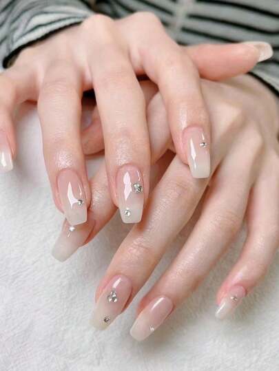 24Pcs Short Coffin Shaped Nude & Milky Ombre Rhinestone Decorated Nail Tips With 1Pc Nail Buffer And 1Pc Gel Polish Press On Nails Nail Supplies Nails