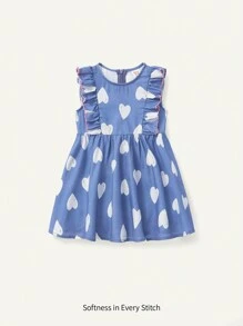 Baby Mädchen Freizeit Ärmelloses Herz Muster Rundhalsausschnitt Volant Saum Krawatte Taille Kleid