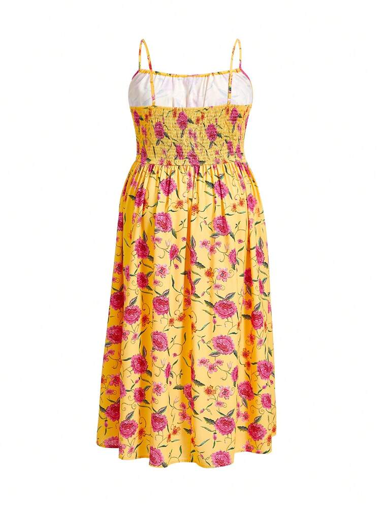 Artist Plus Size Summer Casual Loose Long Floral Flower Printed Spaghetti Strap Elegant Dress, Elegant Sundress Outfit, For Holiday, Party, Vacation, Spring, Beach, Festival, Ibiza Fits, Prom Dress, Brunch Outfits, Tea Party Dress
