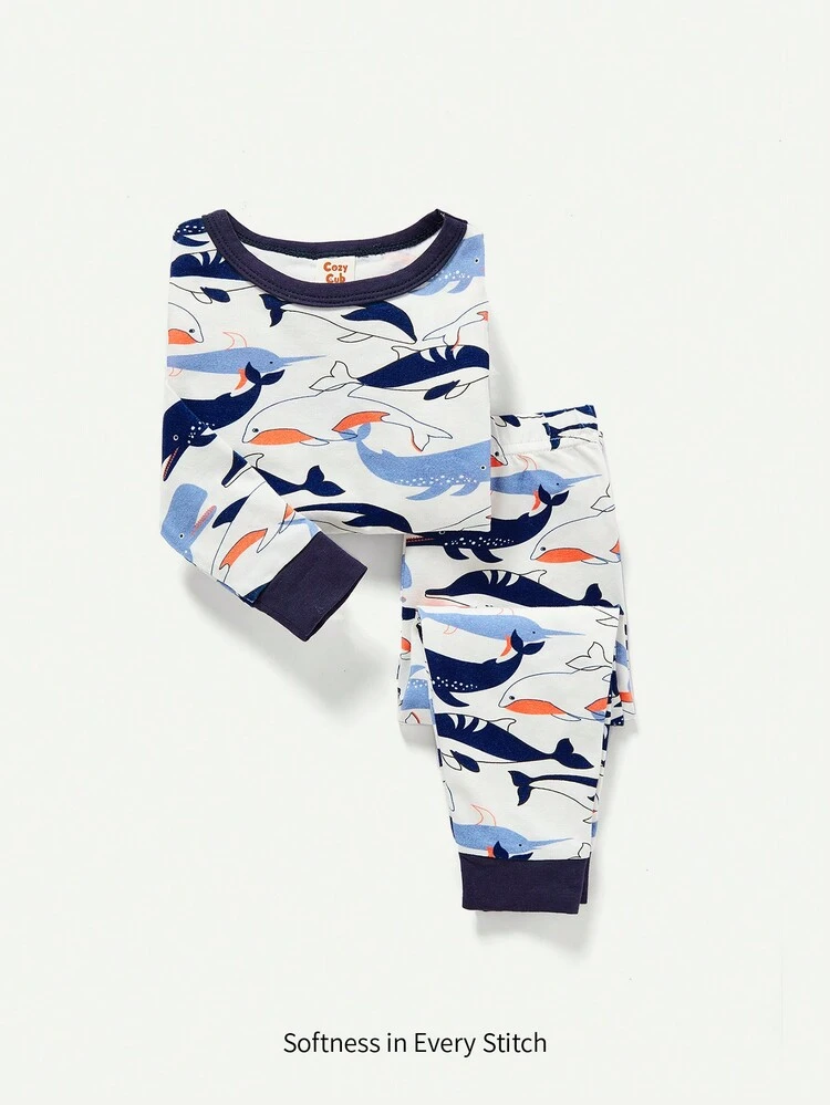 Baby Boy Snug Fit Pajamas Set With Cartoon Dolphin Pattern Color Block Round Neck Long Sleeve Top And Jogger Pants