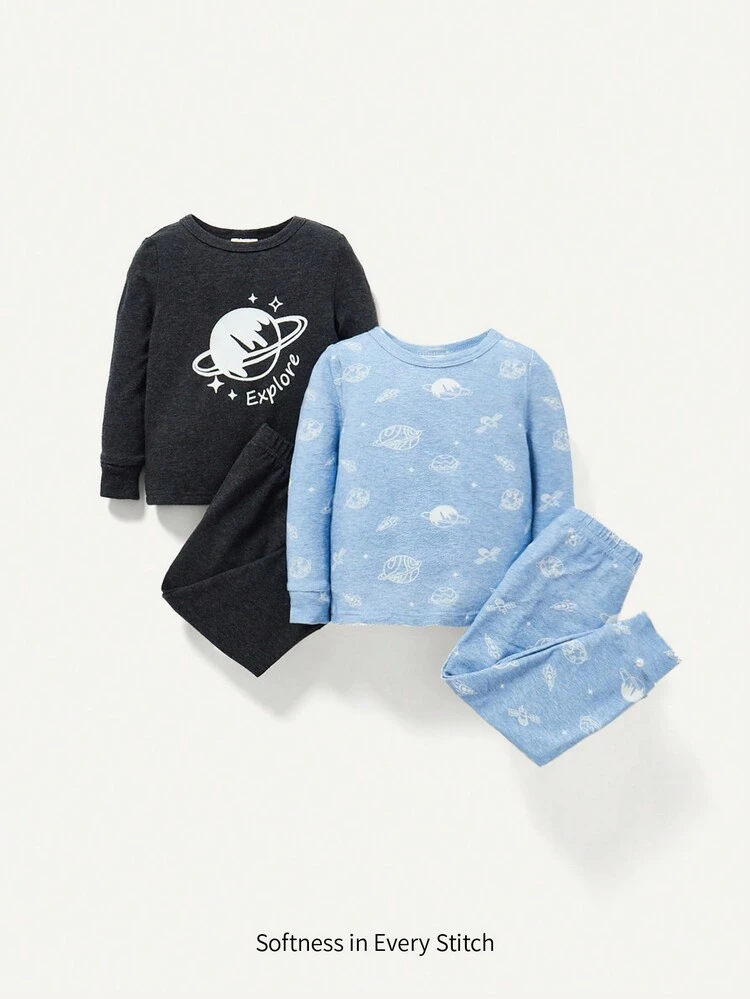 Baby Boy Snug Fit Pajama Set With Cartoon Space Pattern: Long Sleeve Top And Pants, 4pcs