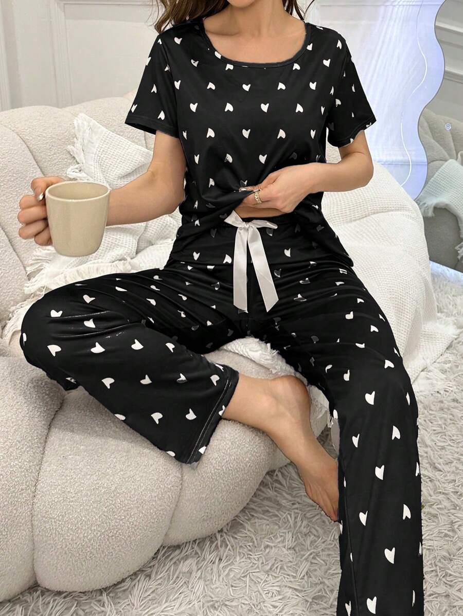 Women Fashionable Heart Printed Bow Knot Short Sleeve And Long Pants Pajama Set - Black - View 1