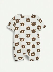 Cozy Pixies Conjunto De 4 Piezas De Mangas Cortas Con Dibujo De Osito Para Bebé Niño, Cuello Redondo Y Corbata De Lazo