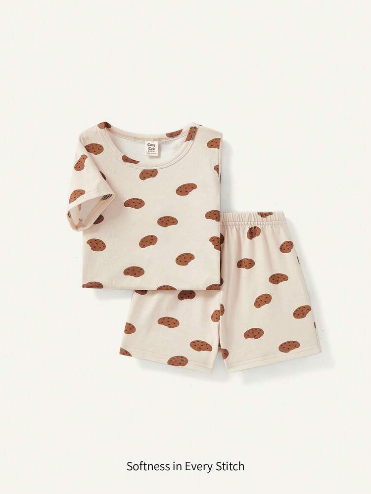 Baby Boy'S Casual Cookie Pattern Round Neck Short Sleeve Top And Shorts 2Pcs Outfit Matching Sets