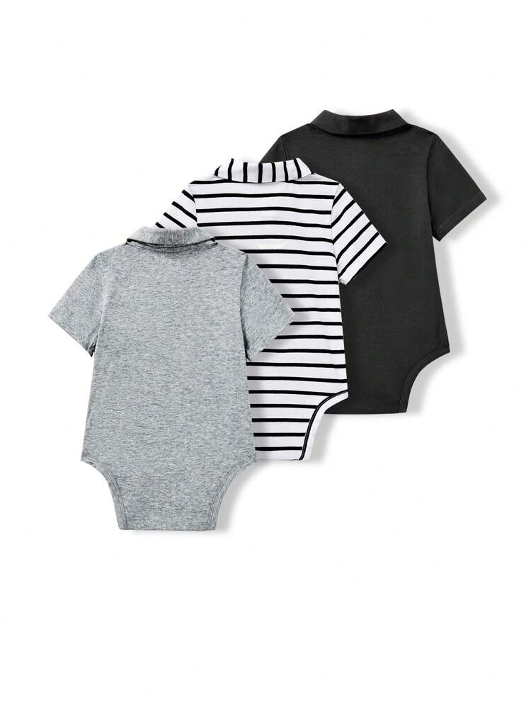 3pcs/Set Knitted Soft Solid Color & Striped Short Sleeve Bodysuit With Turn Down Collar For Baby Boy