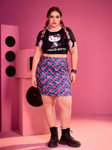 HELLO KITTY AND FRIENDS | SHEIN Plus size Y2K對比領緊身短T恤和格紋緊身裙 - 彩色 - 查看 5
