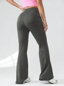 SHEIN EZwear Quần ống loe đan có túi đa năng dành cho nữ - Xám - Xem 6