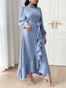 Modelyn Đầm dài tay thắt lưng màu trơn thời trang nữ, Đầm dự tiệc buổi tối thanh lịch Đầm dài buổi tối - Màu xanh lam - Xem 6