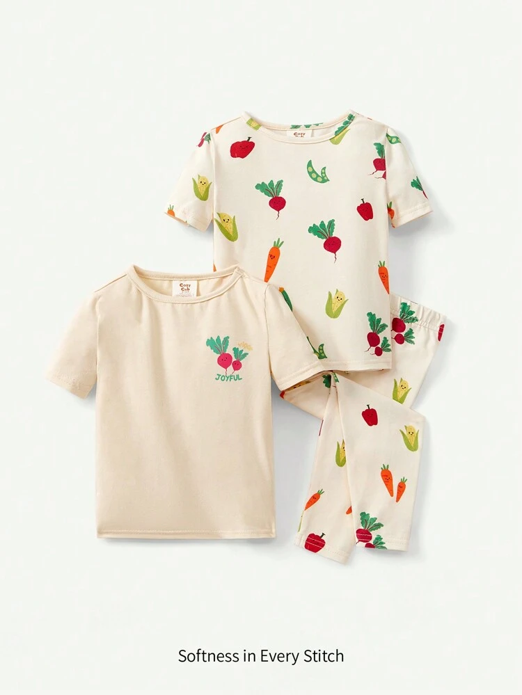 3pcs Baby Boy Snug Fit Knit Pajama Set With Cartoon Pattern, Including Round Neck Top And Long Pants