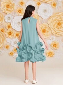 SHEIN A-linien Kleid Für Tween Mädchen Mit Abnehmbarer Schleife, Lose Passform Und Süßem Stehkragen