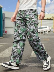 Teen Boy's Leaf Print Elastic Waist Straight Leg Pants - Multicolor - View 3