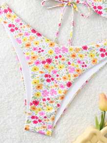 SHEIN Swim Bãi biển mùa hè Ngẫu nhiên In Nhỏ bé Hoa Bộ Bikini Với Dây đeo Mì Ý  In Áo bơi Áo Và Tam giác Bơi Quần lót tam giác - Nhiều màu - Xem 4