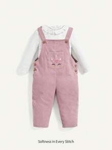 Cozy Pixies Baby Girl Solid Tee & Cartoon Graphic Button Detail Overalls