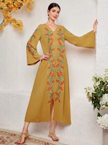 Al Najma 女性阿拉伯直身連衣裙，與植物刺繡，波浪袖 - 黃色 - 查看 6