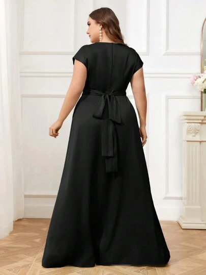 SHEIN Belle 女士露肩交叉腰帶蝴蝶結優雅大尺碼伴娘禮服裙
