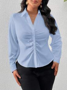 SHEIN Privé Kích thước lớn Thanh lịch Màu thuần Áo sơ mi Với Xếp li Thiết kế Cho mùa xuân - Màu xanh lam - Xem 4