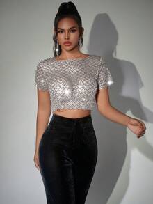 Áo croptop lưới xuyên thấu đính sequin và ngọc trai lấp lánh (không kèm áo ngực) thích hợp cho lễ hội âm nhạc, tiệc tùng hộp đêm mùa hè. - Bạc - Xem 4