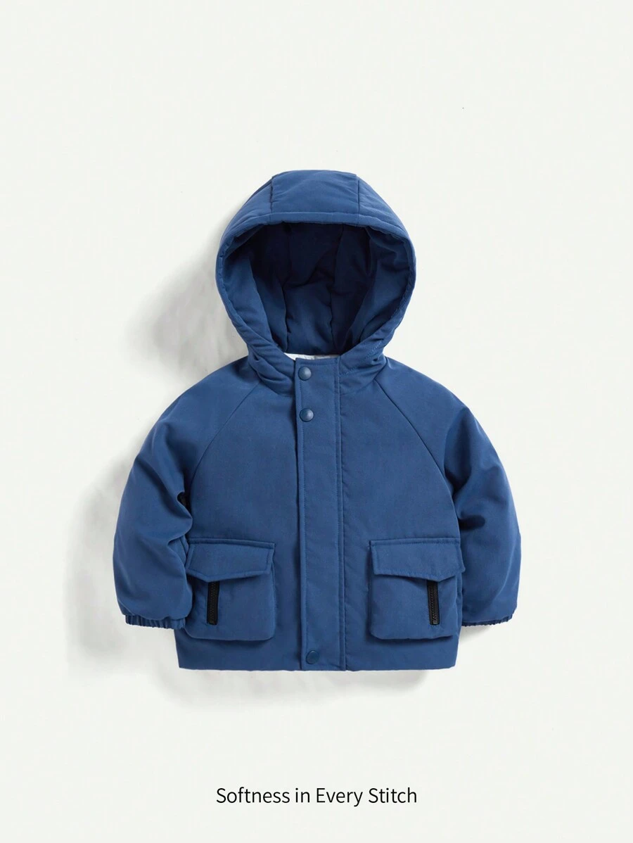 Baby Boy Flap Pocket Raglan Sleeve Hooded Padded Coat - Blue - View 1