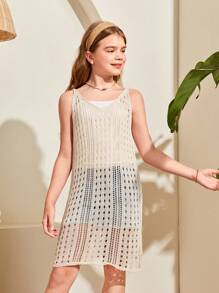 SHEIN Áo len phong cách ngày lễ Tween Girl & Váy dây đeo spaghetti rỗng - Màu be - Xem 6