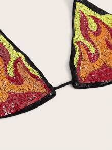 SHEIN ICON Women's Y2k  Music Festival Rave Country Concert Summer Sequin Flame Pattern Beaded Neck Strap Bikini Top - Multicolor - View 3