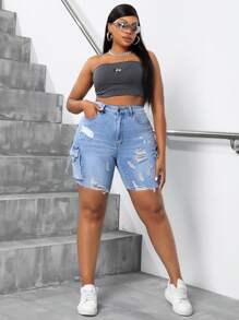 SHEIN SXY Plus Size Women's Workwear Style Denim Shorts With Distressed Finish And Multiple Pockets