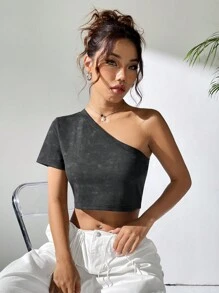 Muchica 女性夏季單肩短袖露肚短款上衣 - 灰色 - 查看 6