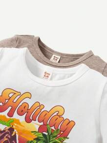 Cozy Pixies Baby Boy Plain Top And Seaside Theme Print Short Sleeve T-Shirt Set - Multicolor - View 3