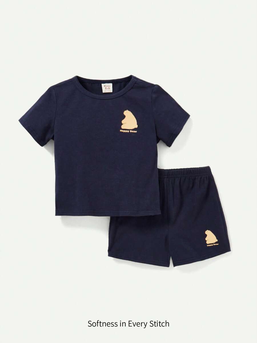 Cozy Pixies Jungen Baby Set mit Cartoon Bär & Buchstaben Kurzarm T-Shirt und passenden Shorts - marineblau - Übersicht 1