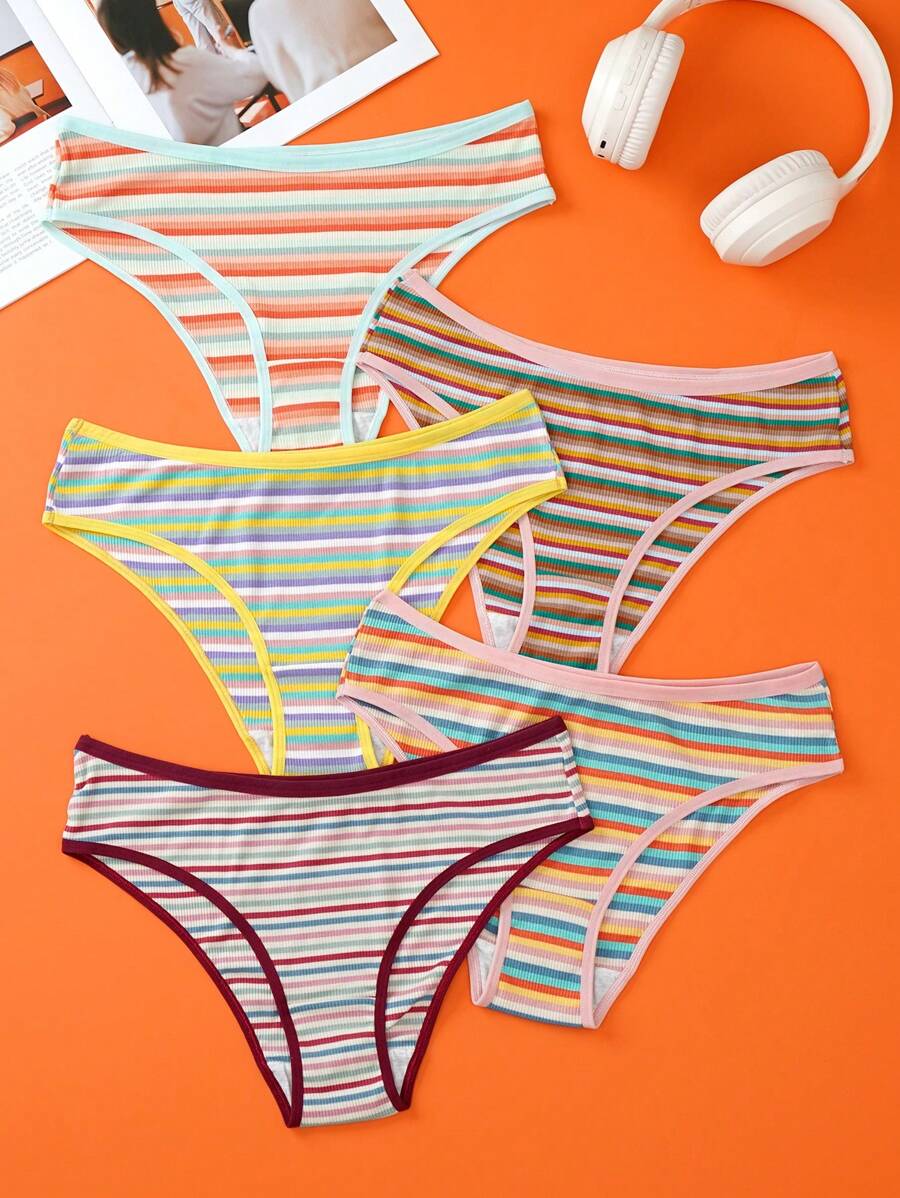 5入組女士條紋三角底褲 - 彩色 - 查看 1
