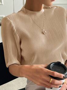 DAZY Solid Mock Neck Drop Shoulder Tee - Apricot - View 3