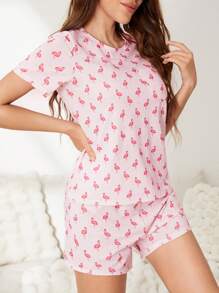 2-teiliges Freizeitkleid-set Für Frauen Mit Floralem Flamingo-druck, Bestehend Aus Kurzärmeligem T-shirt Und Shorts, Pink