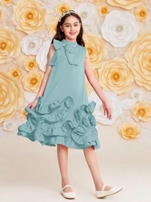 SHEIN A-linien Kleid Für Tween Mädchen Mit Abnehmbarer Schleife, Lose Passform Und Süßem Stehkragen