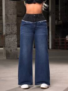 SHEIN SXY Leichte Freizeit-Jeans für Damen mit weitem Bein und eingefügtem Farbkontrast mit aufgerissenem Saum