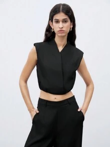 SHEIN Unity Summer Black Casual Simple V-Neck Cropped Sleeveless Work Blouse - Black - View 6