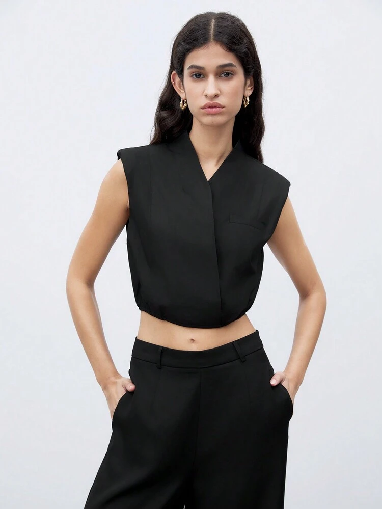 Summer Black Casual Simple V-Neck Cropped Sleeveless Work Blouse