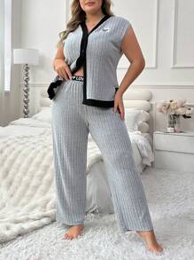 Women's Plus Size Color Block Patchwork Open Front Sleeveless Pajama Set