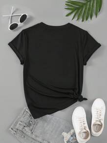SHEIN 女士雕塑和字母印花短袖 T 恤图案 T 恤女士上衣 - 黑色 - 查看 4